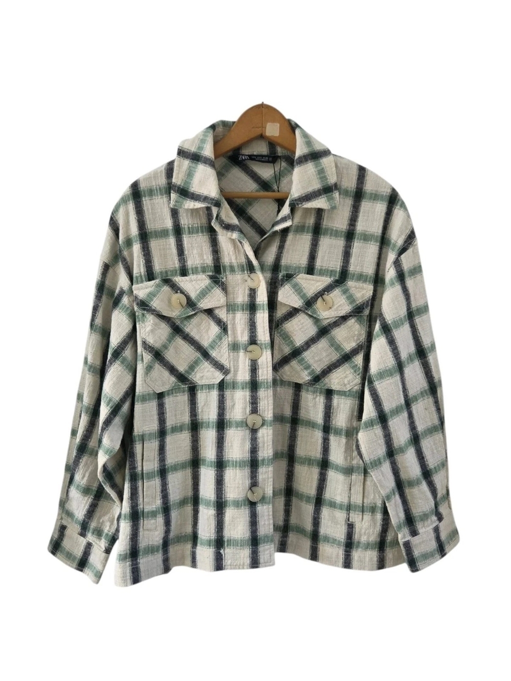 Zara Cream Blue Green Plaid Button Shacket Jacket Top Cotton Blend Size Small